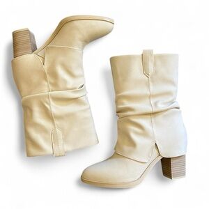 MIA Creamy White Heeled Fold Over Slip On Suede Boots with Slouch Design